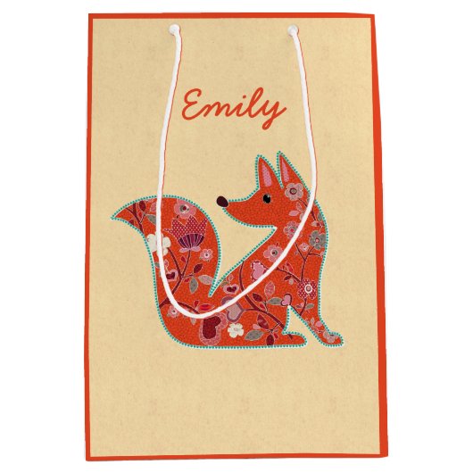 Folk Art Flower Pattern Fox Personalized Medium Cadeauzakje (Voorkant)