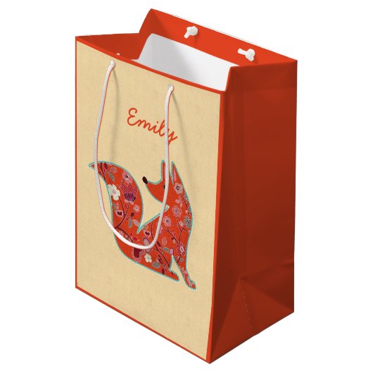 Folk Art Flower Pattern Fox Personalized Medium Cadeauzakje (Voorkant Gekanteld)
