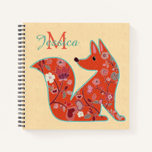 Folk Art Flower Pattern Fox Personalized Notitieboek