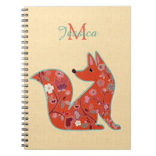 Folk Art Flower Pattern Fox Personalized Notitieboek