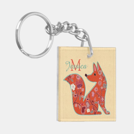Folk Art Flower Pattern Fox Personalized Sleutelhanger (Voorkant Links)