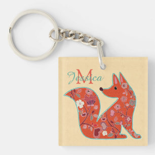 Folk Art Flower Pattern Fox Personalized Sleutelhanger