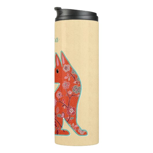 Folk Art Flower Pattern Fox Personalized Thermosbeker (Geroteerd rechts)