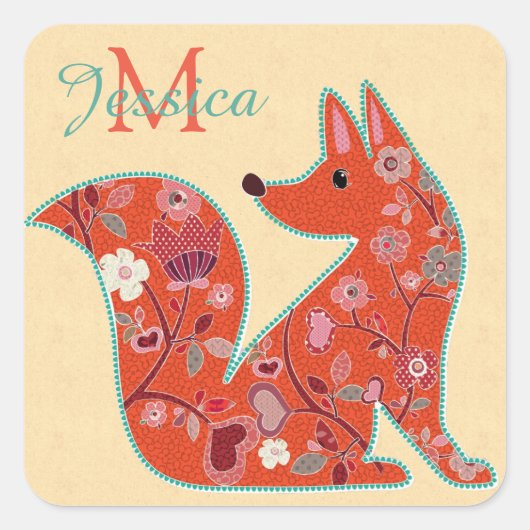 Folk Art Flower Pattern Fox Personalized Vierkante Sticker (Voorkant)