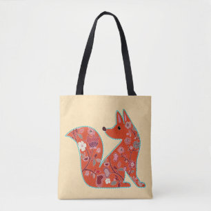 Folk Art Flower Pattern Fox Tote Bag