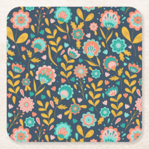 Folk Art Flower Pattern Kartonnen Onderzetters