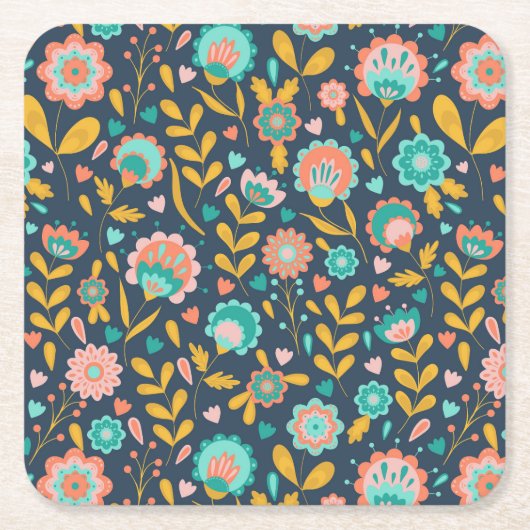 Folk Art Flower Pattern Kartonnen Onderzetters (Voorkant)