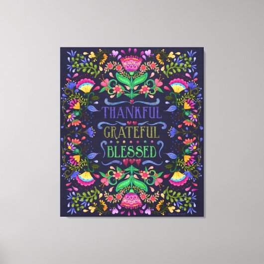 Folk Art Flowers | Gelukkig Grateful Blessed Canvas Afdruk (Voorkant)