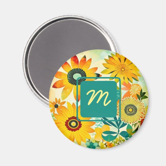  Folk Art Flowers monogram Magneet (Voorkant / Achterkant)