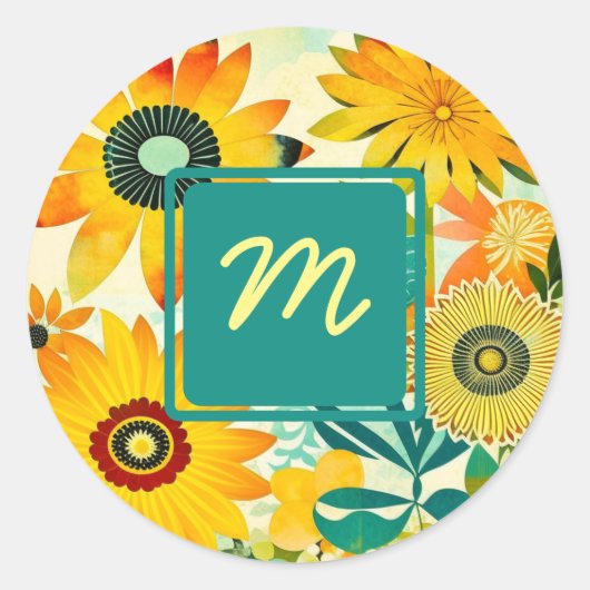  Folk Art Flowers monogram Ronde Sticker (Voorkant)