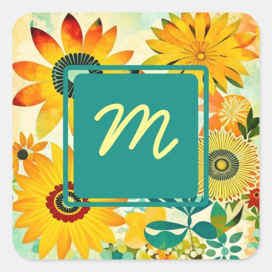 Folk Art Flowers monogram Vierkante Sticker (Voorkant)