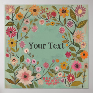  Folk Art Flowers Poster in het Blauwgroen