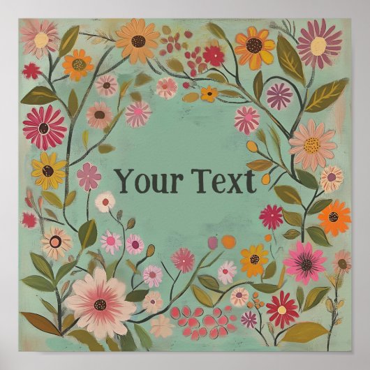  Folk Art Flowers Poster in het Blauwgroen (Voorkant)