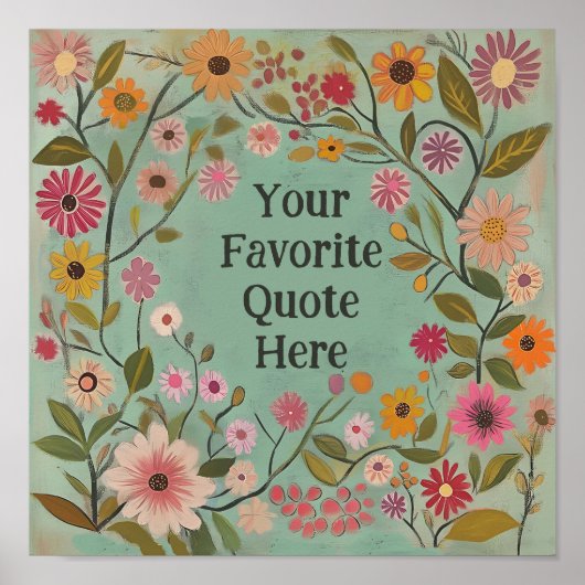  Folk Art Flowers Poster in het Blauwgroen (Voorkant)