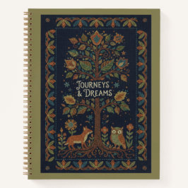 Folk Art Forest Nature, Faux Stitch Navy Linen  Notitieboek