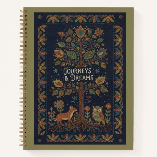 Folk Art Forest Nature, Faux Stitch Navy Linen  Notitieboek (Voorkant)