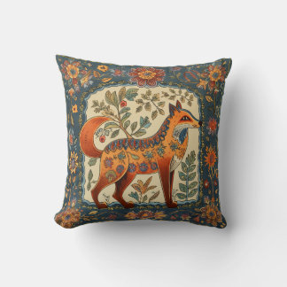 Folk Art Fox en Flowers Blauwgroen Blue Cream Kussen