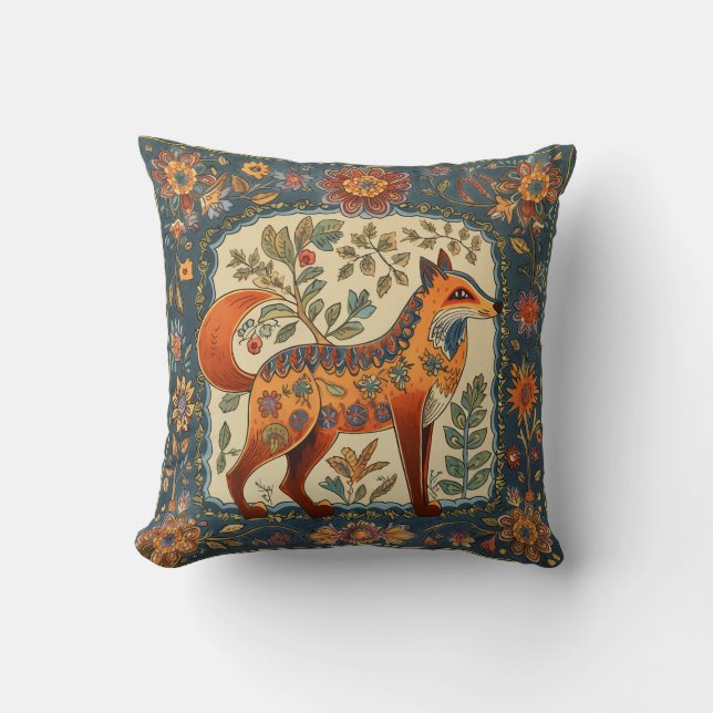 Folk Art Fox en Flowers Blauwgroen Blue Cream Kussen (Voorkant)
