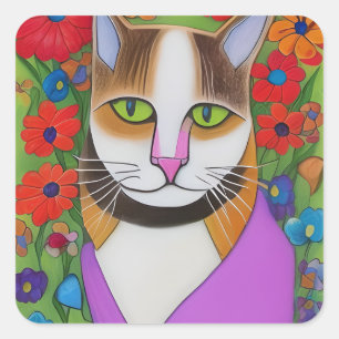 Folk Art Funny Cat met kleurrijke bloemen Vierkante Sticker