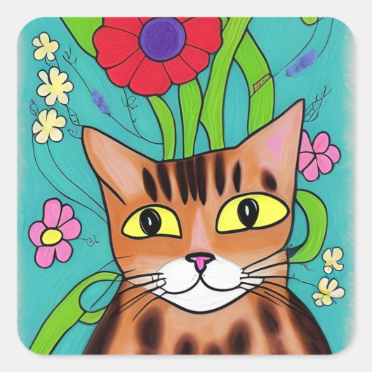 Folk Art Funny Cat met rode bloem Vierkante Sticker (Voorkant)
