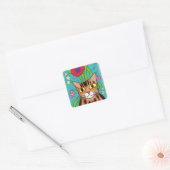 Folk Art Funny Cat met rode bloem Vierkante Sticker (Envelop)