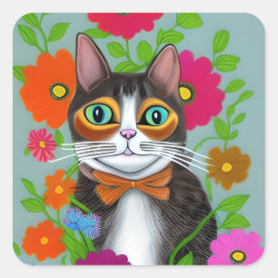 Folk Art Funny Cat met Rode Bloemen Vierkante Sticker