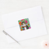 Folk Art Funny Cat met Rode Bloemen Vierkante Sticker (Envelop)