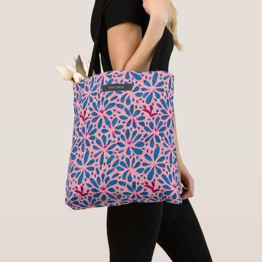 Folk Art Geïnspireerd roze en blauwe Floral Tote Bag (Dichtbij)