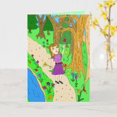 Folk Art Girl op Herfst Trail in Bos Gezegde Hi Kaart (Gele Bloem)