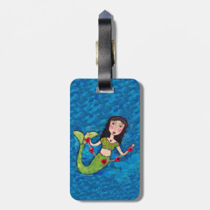 Folk Art Green Mermaid String of Red Hearts Bagagelabel