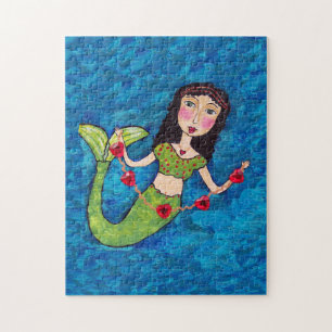 Folk Art Green Mermaid String of Red Hearts Legpuzzel