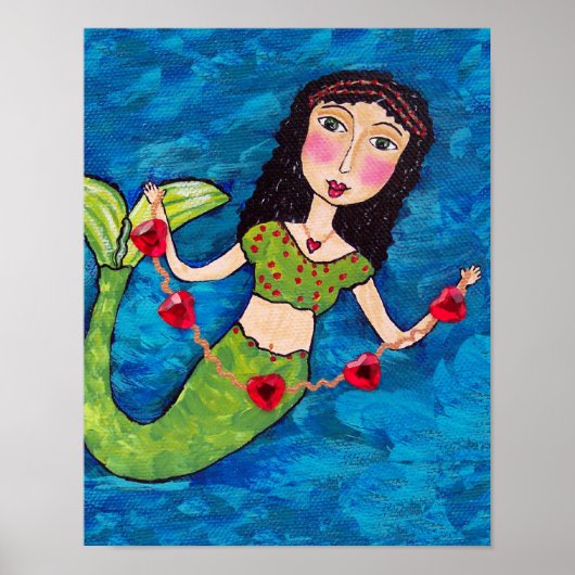 Folk Art Green Mermaid String of Red Hearts Poster (Voorkant)