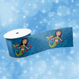 Folk Art Green Mermaid String of Red Hearts Satijnen Lint