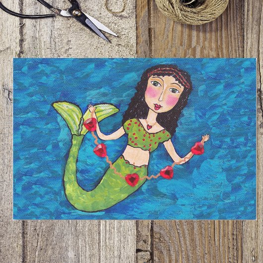 Folk Art Green Mermaid String of Red Hearts Tissuepapier