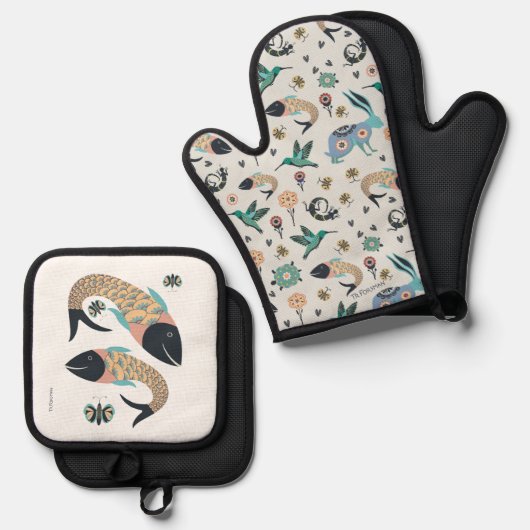 Folk art handschoen en vis art pot houder ovenwant & pannenlap set (Voorkant / Achterkant)