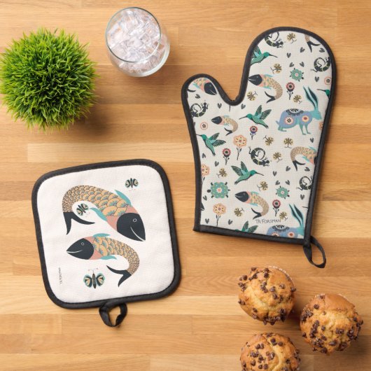 Folk art handschoen en vis art pot houder ovenwant & pannenlap set (Top down)