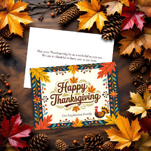 Folk Art Harvest Autumn Leaves Happy Thanksgiving Kaart