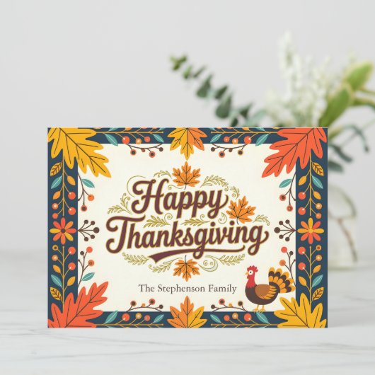 Folk Art Harvest Autumn Leaves Happy Thanksgiving Kaart (Staand voorkant)