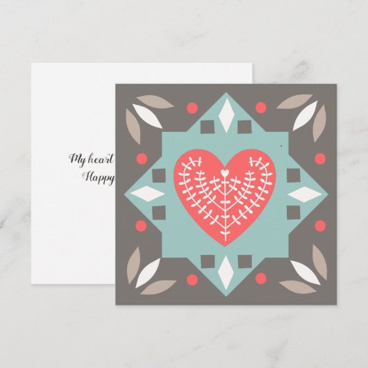 Folk Art Heart Custom Message Valentijnsdag Flat Feestdagenkaart (Voorkant / Achterkant)