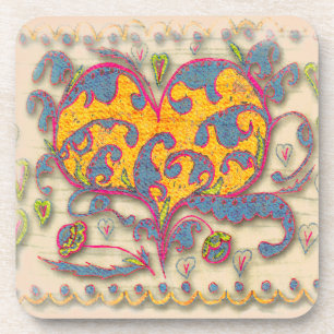 Folk Art Heart met bladeren en bloemen Bier Onderzetter