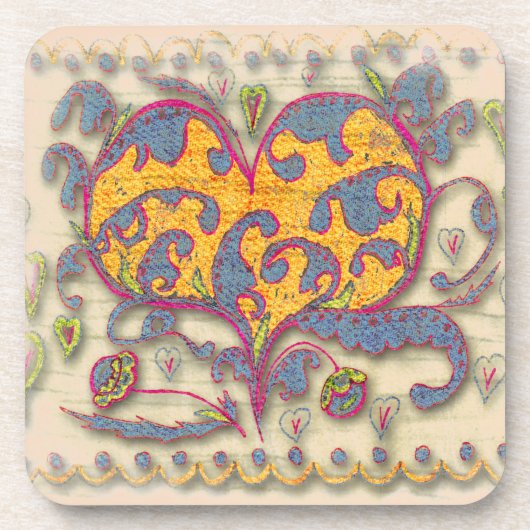 Folk Art Heart met bladeren en bloemen Bier Onderzetter (Voorkant)