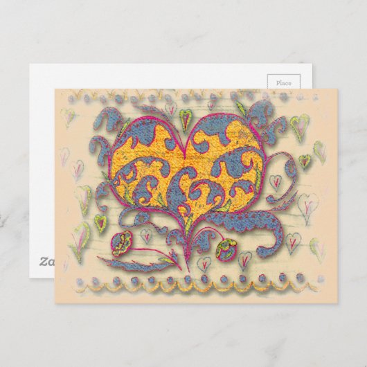 Folk Art Heart met bladeren en bloemen Briefkaart (Voorkant / Achterkant)