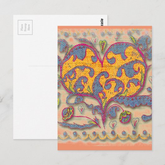 Folk Art Heart met bladeren en bloemen Briefkaart (Voorkant / Achterkant)