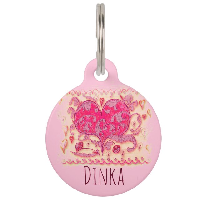 Folk Art Heart met bladeren en bloemen Huisdierpenning (Voorkant)