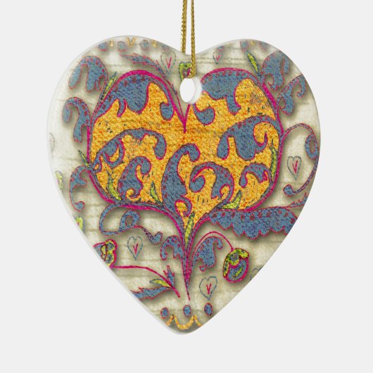 Folk Art Heart met bladeren en bloemen Keramisch Ornament (Rechts)
