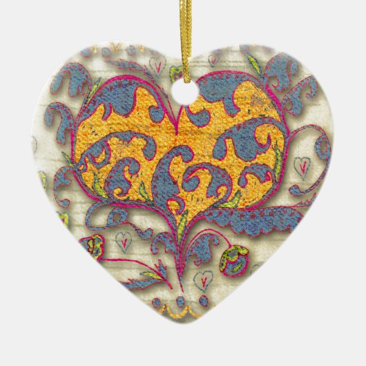 Folk Art Heart met bladeren en bloemen Keramisch Ornament (Voorkant)