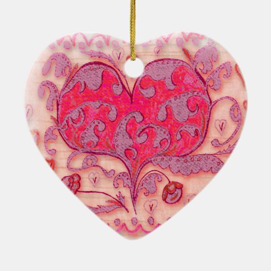 Folk Art Heart met bladeren en bloemen Keramisch Ornament (Achterkant)