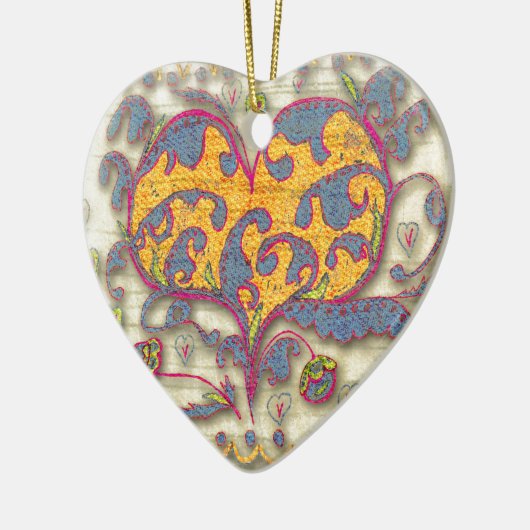 Folk Art Heart met bladeren en bloemen Keramisch Ornament (Links)