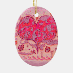 Folk Art Heart met bladeren en bloemen Keramisch Ornament