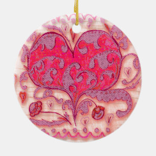 Folk Art Heart met bladeren en bloemen Keramisch Ornament